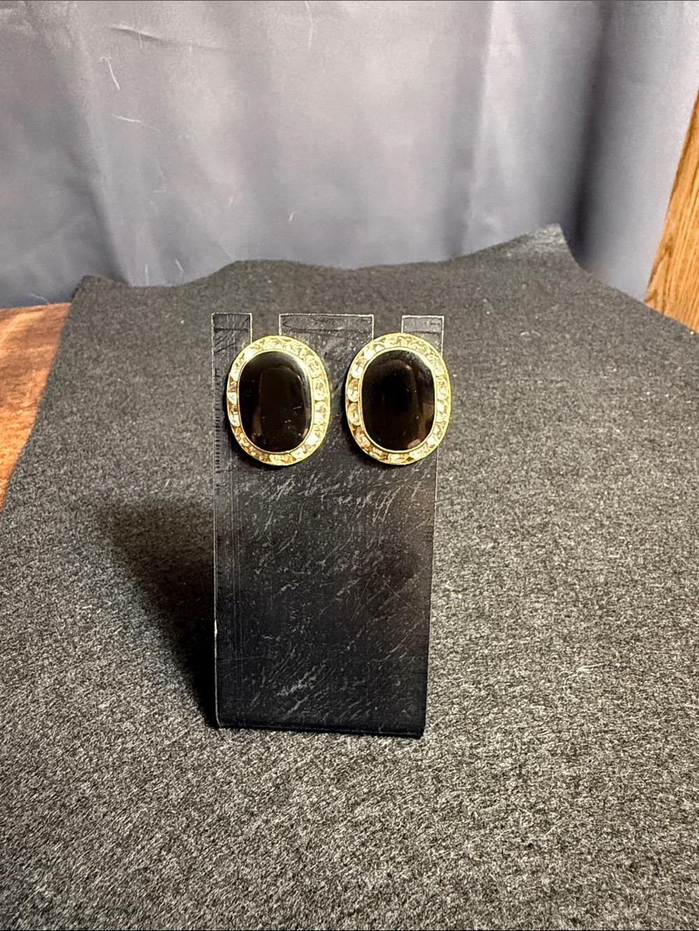 Gold-Tone Black Oval Post Earrings with a Gold Rim